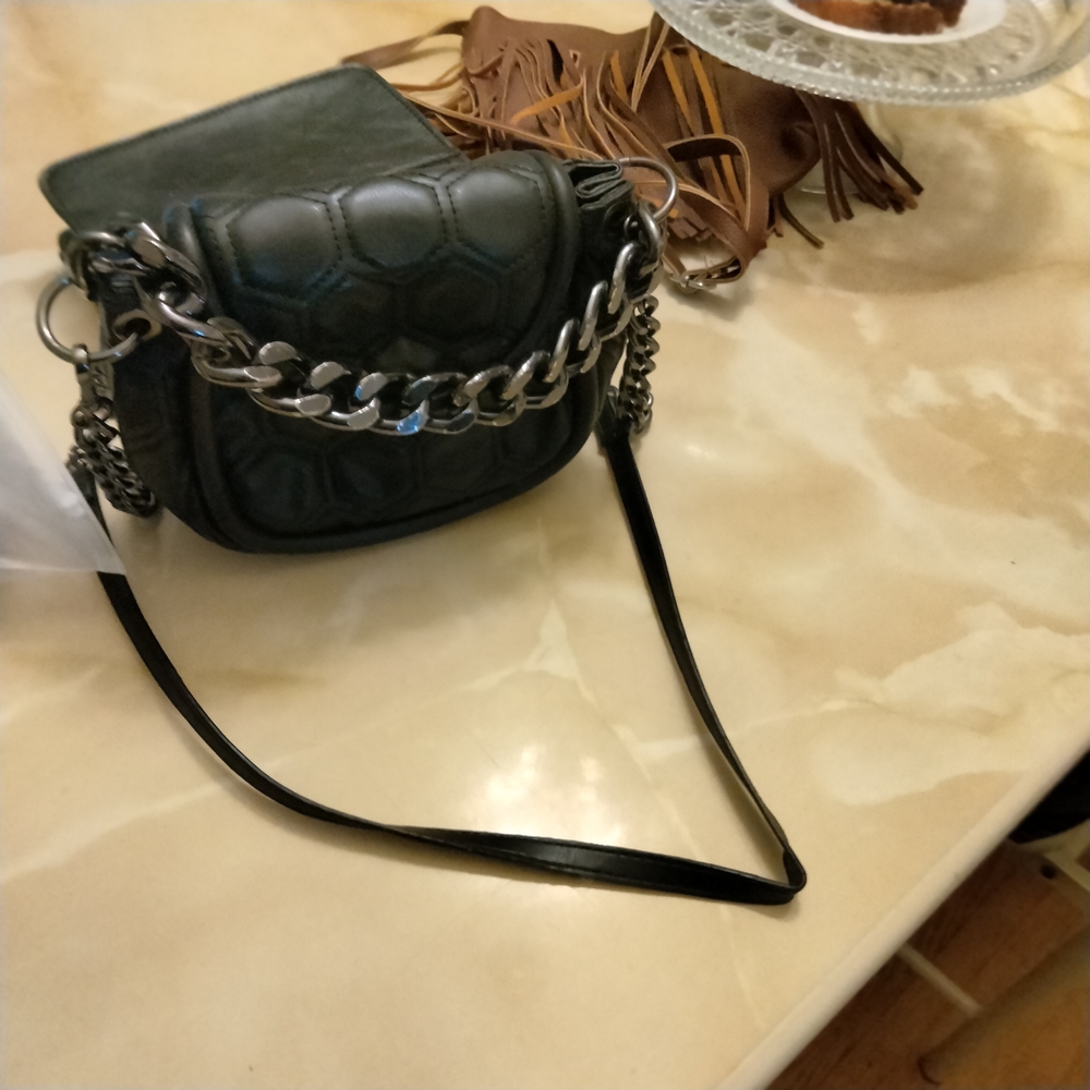 Zara Black Quilted Crossbody Bag with Silver Chain